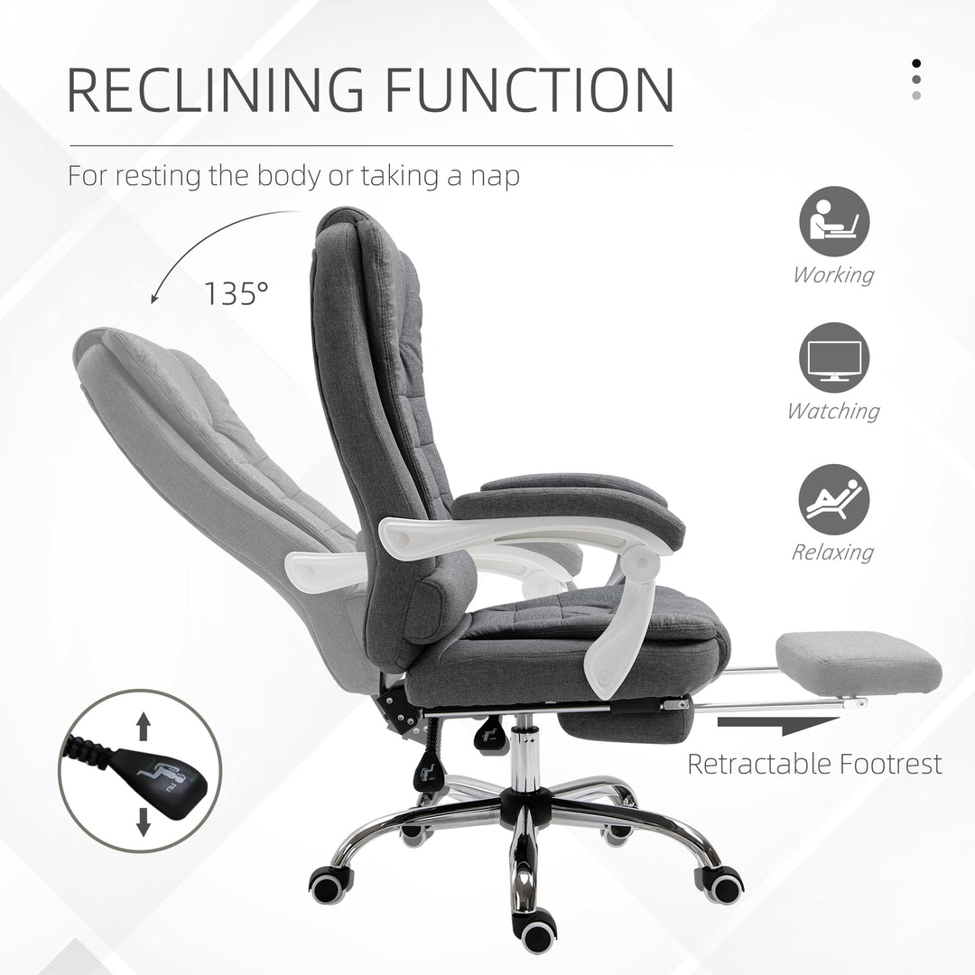 Office Chair, Computer Desk Chair, Linen Fabric Swivel Rolling Task Chair with Large Soft Padded Cushion, 135° Reclining Backrest and Retractable Footrest, Grey
