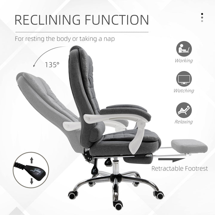 Office Chair, Computer Desk Chair, Linen Fabric Swivel Rolling Task Chair with Large Soft Padded Cushion, 135° Reclining Backrest and Retractable Footrest, Grey