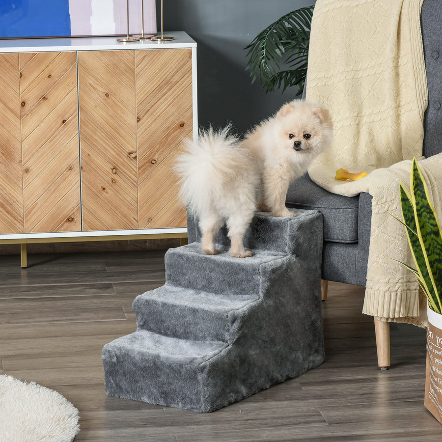 Four-Step Dog Stairs, with Washable Plush Cover, for High Bed Sofa, Dog Stairs for Small Dog and Cat - Light Grey