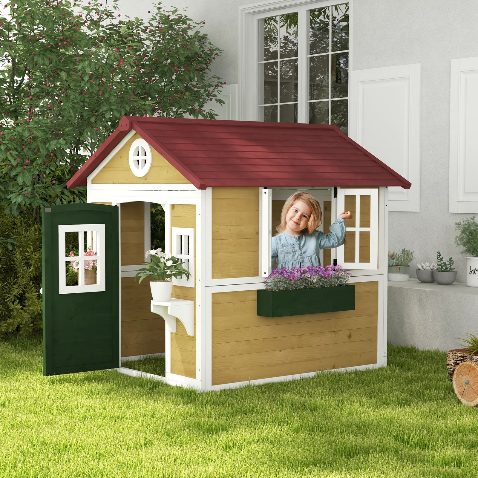 Wooden Playhouse with Doors, Windows, Plant Pots, Boxes, for 3-8 Years - Beige