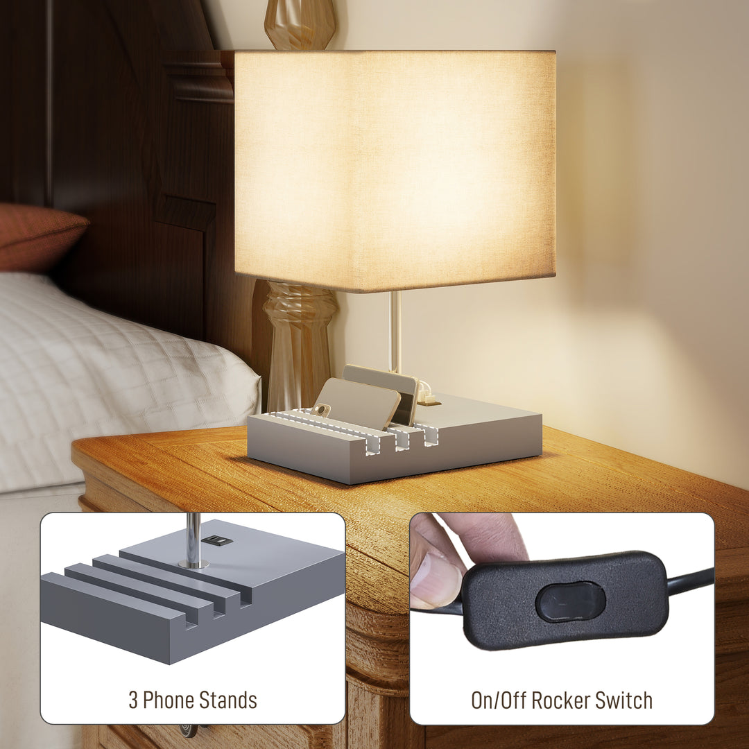 Bedside Lamp with USB A+C Charging Ports and 3 Phone Stands, Modern Table Lamp with Solid Wood Base and Fabric Shade for Bedroom Living Room Office, E27 Socket, Bulb Not Included
