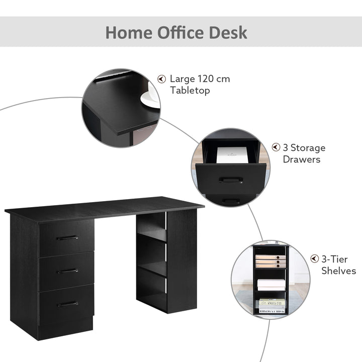 HOMCOM 120cm Computer Desk with Storage Shelves Drawers, Writing Table Study Workstation for Home Office, Black