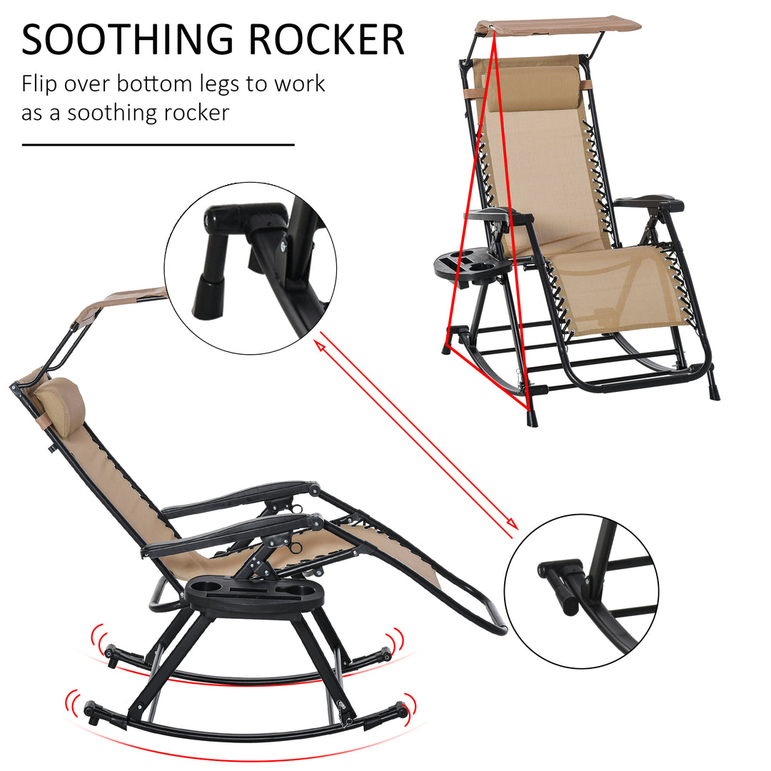 Garden Rocking Chair Folding Recliner Outdoor Adjustable Sun Lounger Rocker Zero-Gravity Seat with Headrest Side Holder Patio Deck - Beige
