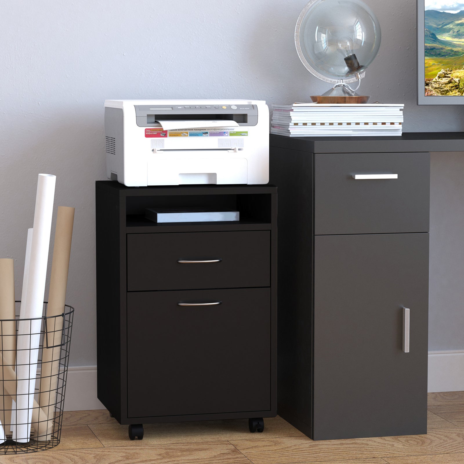 60cm Filing Cabinet with Drawer, Open Shelf, Metal Handles and 4 Wheels, Office Home Organiser Mobile Printer, Black