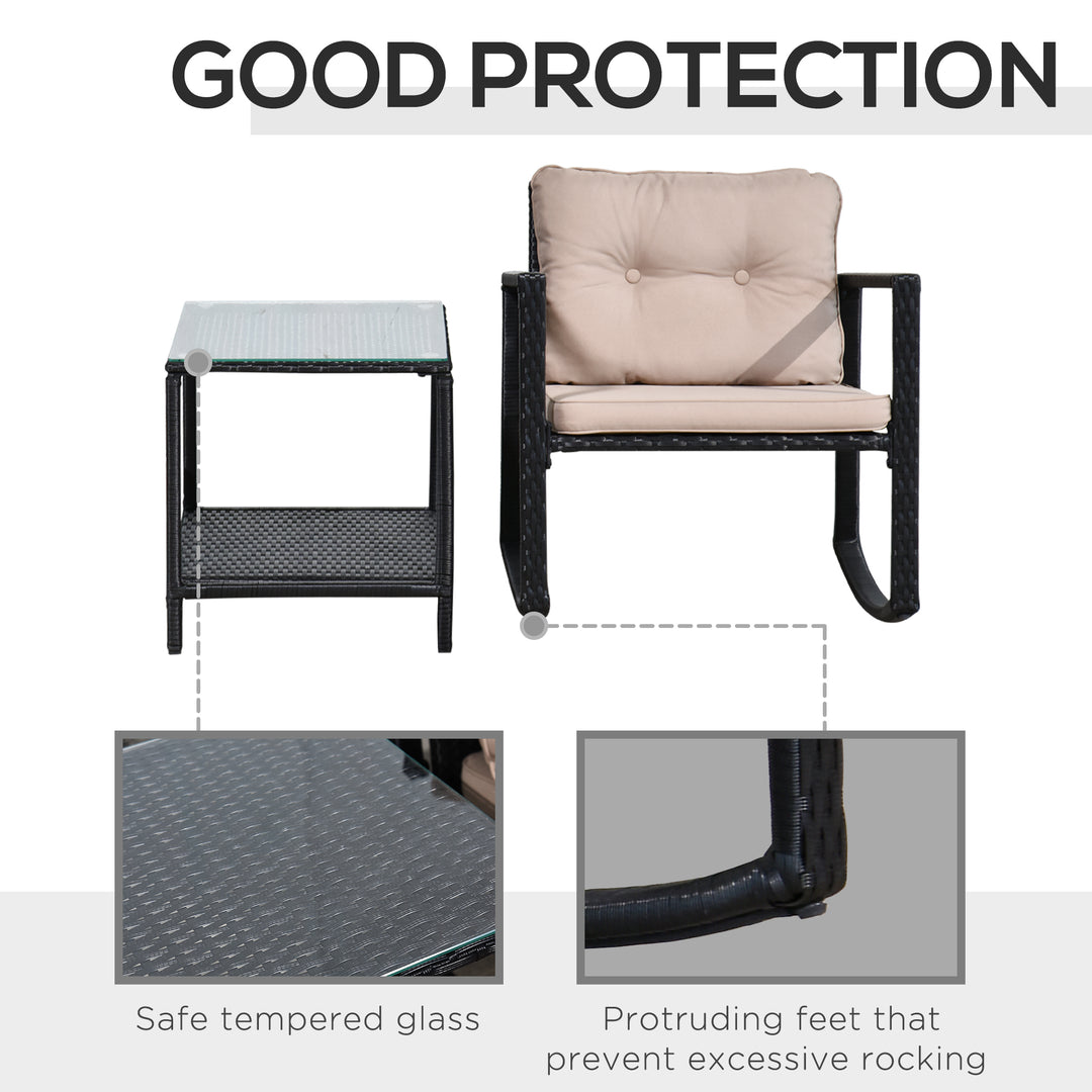 3 Pieces Rattan Garden Rocking Chair Set, Outdoor Rocking Bistro Set w/ 2 Cushioned Armchair and Glass Top Two-tier Coffee Table, Black