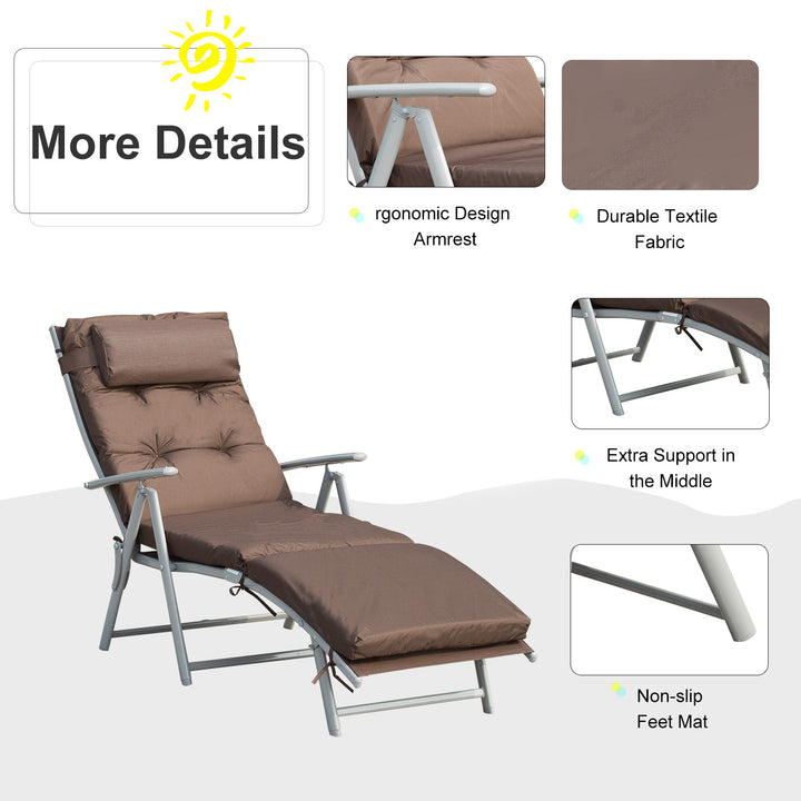 Outsunny Garden Sun Lounger, Foldable Reclining Chair with Pillow and Adjustable Back, Texteline Fabric, Brown | Aosom UK