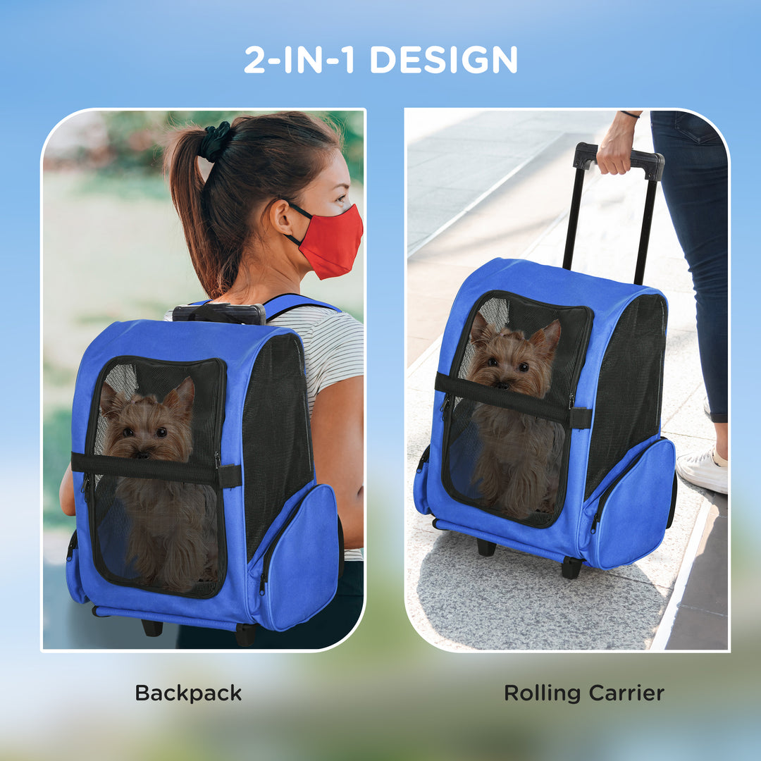 PawHut Portable Pet Carrier Backpack with Trolley, Telescopic Handle, Stroller Wheels for Cats & Dogs, 42 x 25 x 55 cm, Blue | Aosom UK