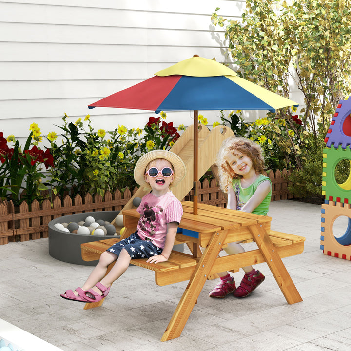 Outsunny Kids Picnic Table Set, 3 in 1 Sand Pit Activity Table, Kids Garden Furniture w/ Removable Parasol, for 3