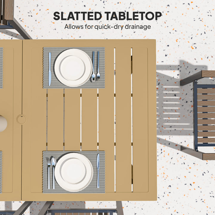 Garden Dining Table, 150 x 90 cm Rectangle Outdoor Table with 5 cm Parasol Hole, Slatted Tabletop and Steel Frame for Patio Balcony, (Table Only) Brown