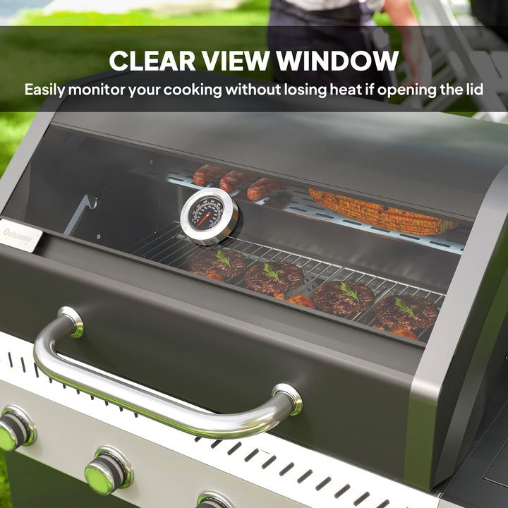 4+1 Burner Gas BBQ Grill with Clear View Lid, Portable Gas Barbecue Grill with Built-in Thermometer, Side Table, Cabinet, Wheels, Grease Tray for Garden Party Outdoor Cooking, Black