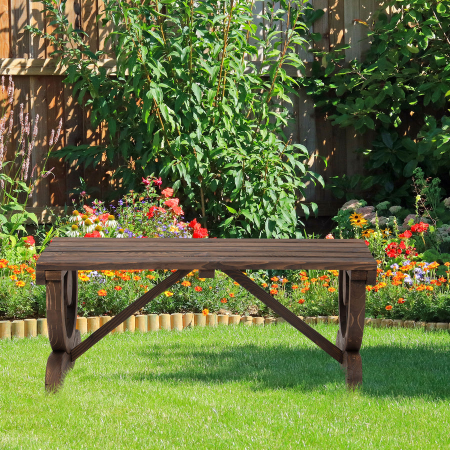 Garden Rustic Wooden Bench Wheel-Shaped Legs Slatted Seat Stable Reinforced Structure Outdoor Patio Garden 2-Person Bench Seat - Brown