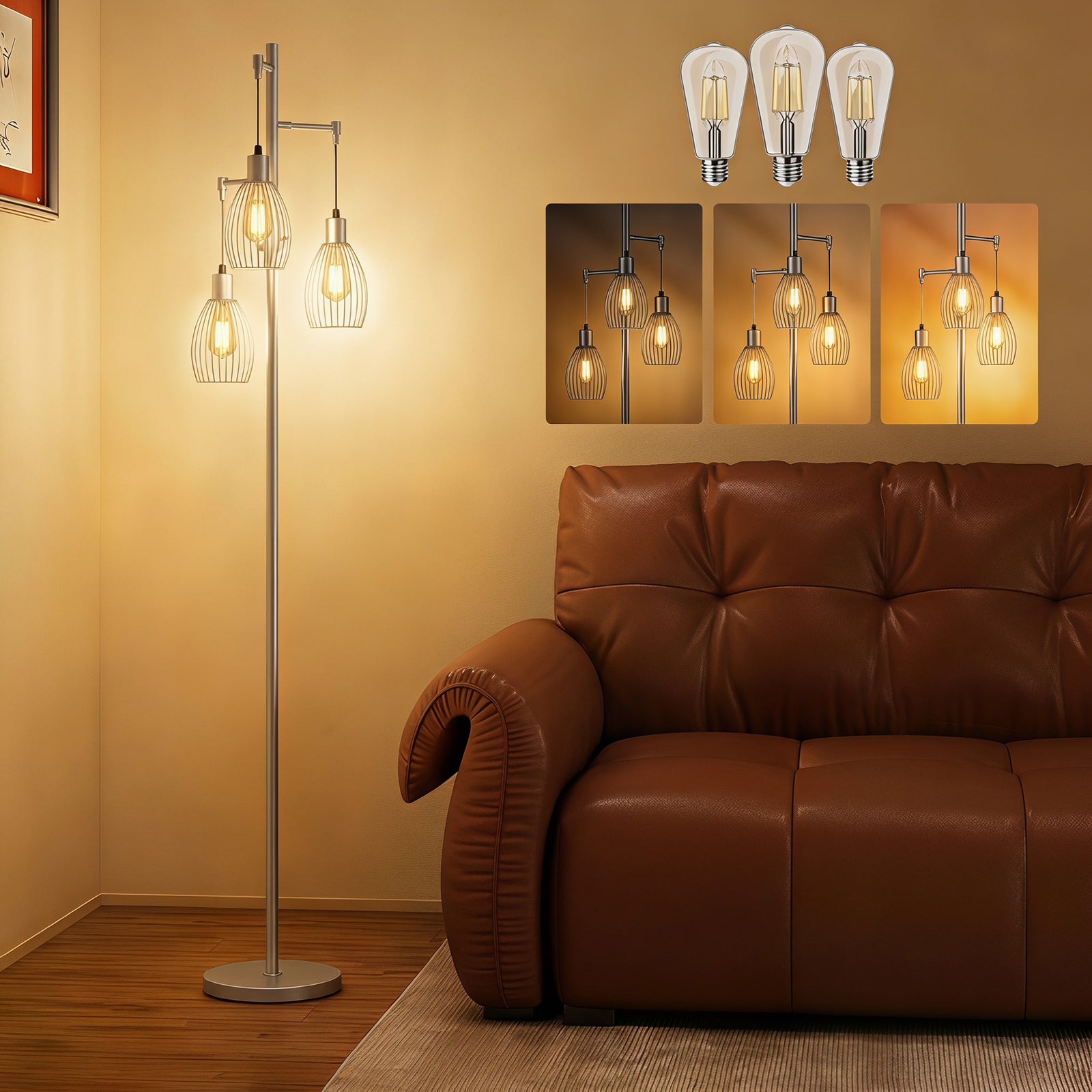 170.5cm Industrial Dimmable Standing Lamp, 3-Light Floor Lamp with Ste
