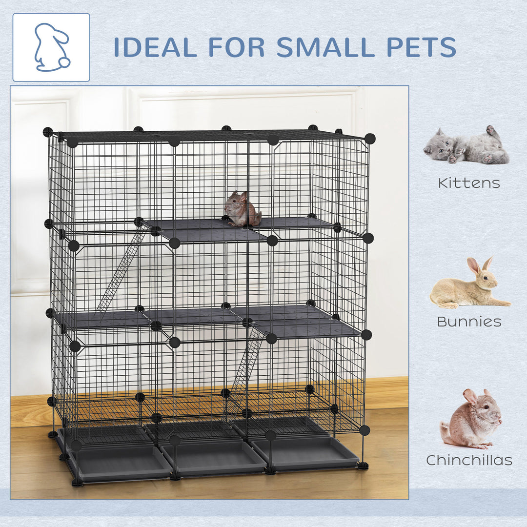 3 Level DIY Pet Playpen Metal Small Animal Cage Rabbit Ferret Chinchillas Cage 4 Doors Bottom Trays Black