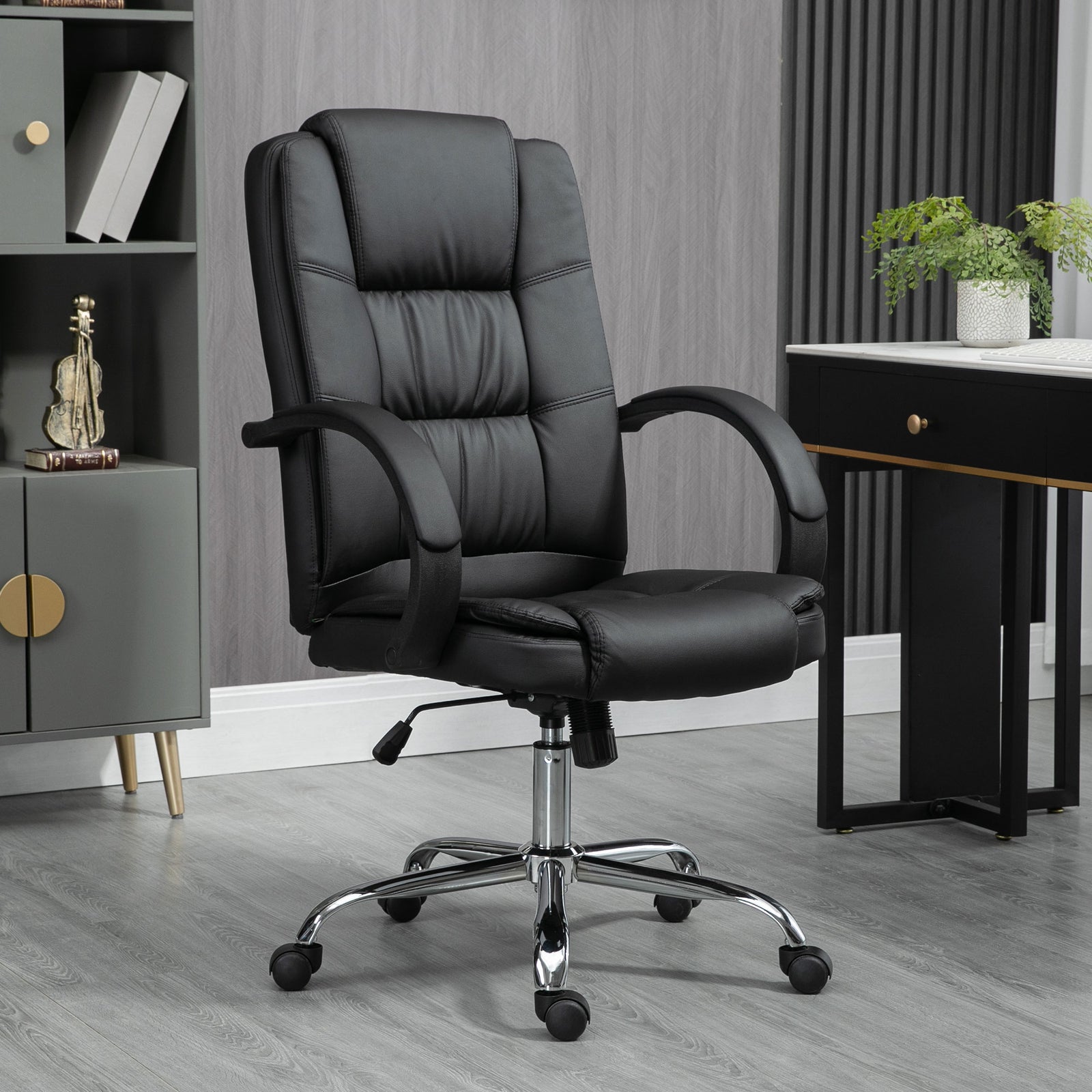 Office Chair, PU Leather Desk Chair with 13cm Soft Padded Seat and Backrest, Swivel Chair with Adjustable Height and Rolling Wheels, Black