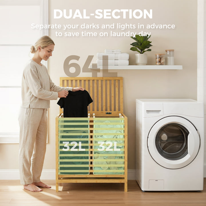 Bamboo Laundry Basket with Lid, 2 Baskets, Foldable, 64L, Natural and 