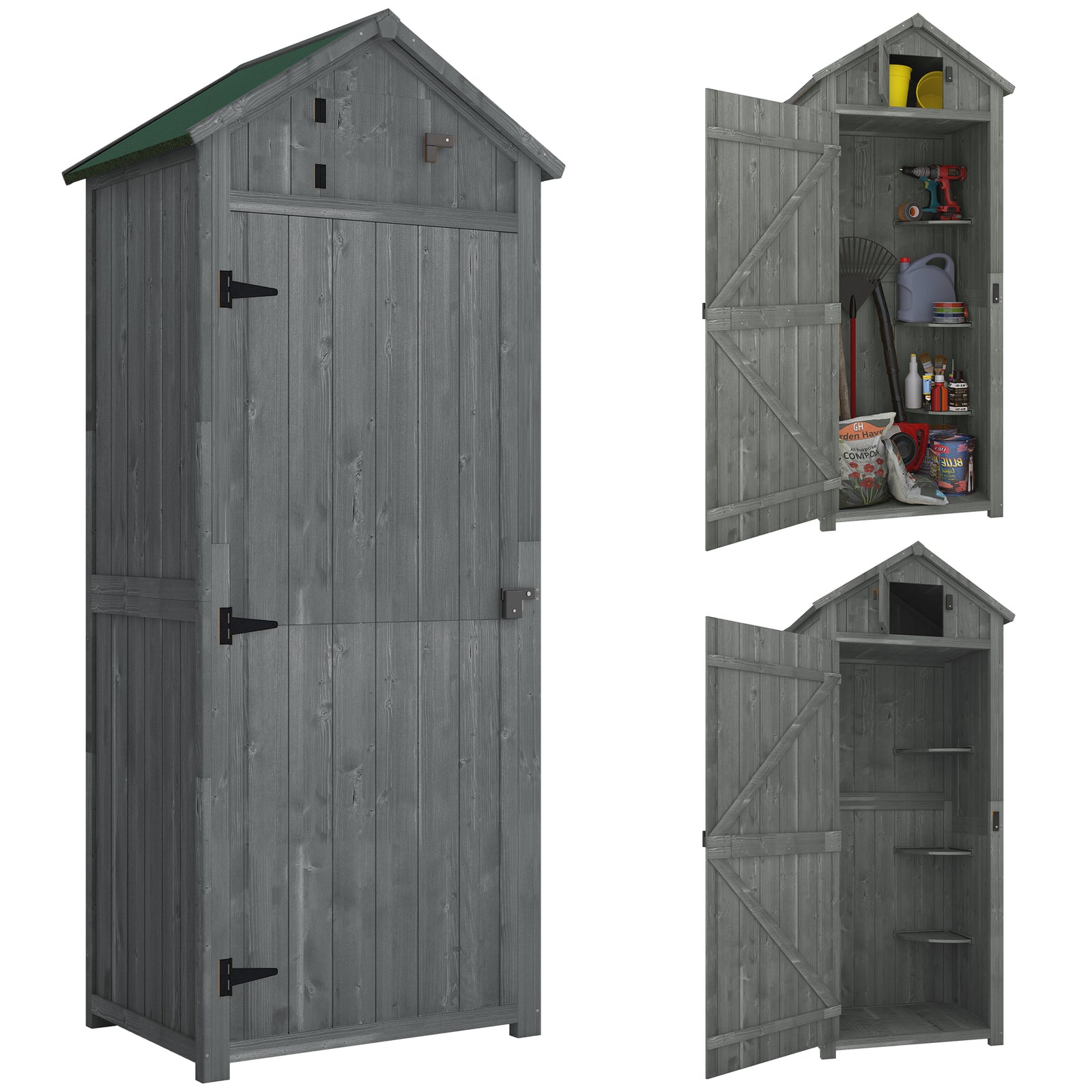 Wooden Garden Shed, Utility Outdoor Small Shed with Lockable Double Doors, Shelves and Roof Hatch, Grey