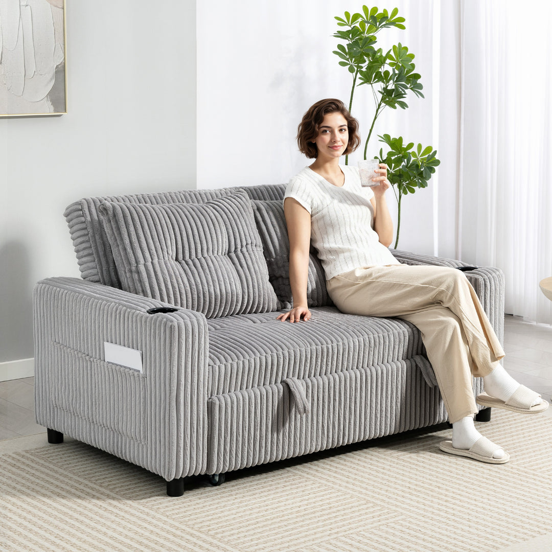 MCL 2 Seater Click Clack Sofa Bed with Pull Out Design, Corduroy Upholstery - Light Grey