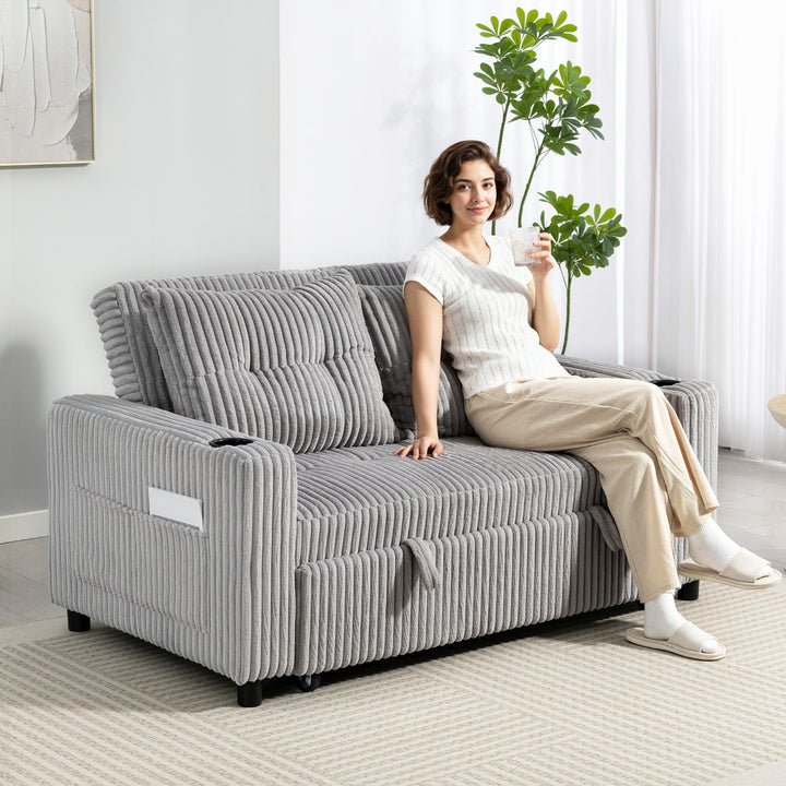 MCL 2 Seater Click Clack Sofa Bed with Pull Out Design, Corduroy Upholstery - Light Grey