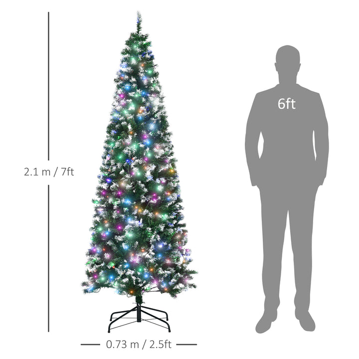 7FT Tall Prelit Pencil Slim Artificial Christmas Tree with Realistic Branches, 350 Colourful LED Lights and 818 Tips, Xmas Decoration, Green