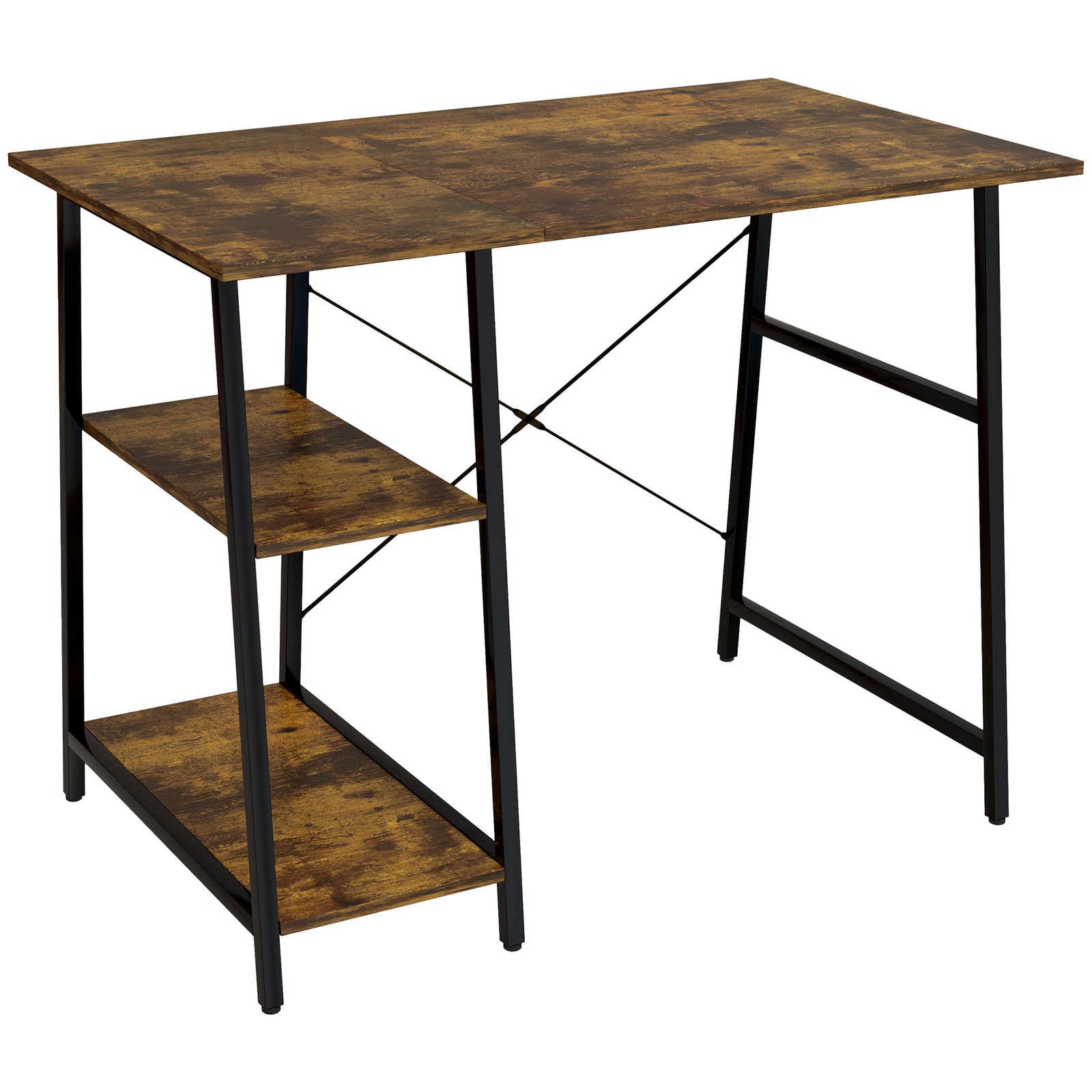 100cm Computer Desk with Storage, Industrial Home Office Desk with 2 Tier Shelves and Steel Frame, Computer Table for Study Room, Rustic Brown