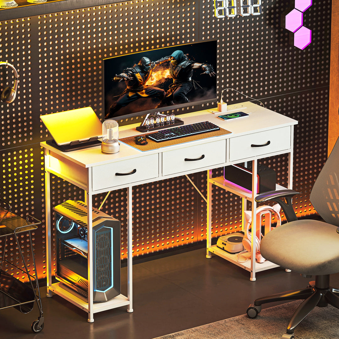 120cm Computer Desk with Power Outlets, Office Desk Study Table with 3 Fabric Drawers and 4 Storage Shelves, White