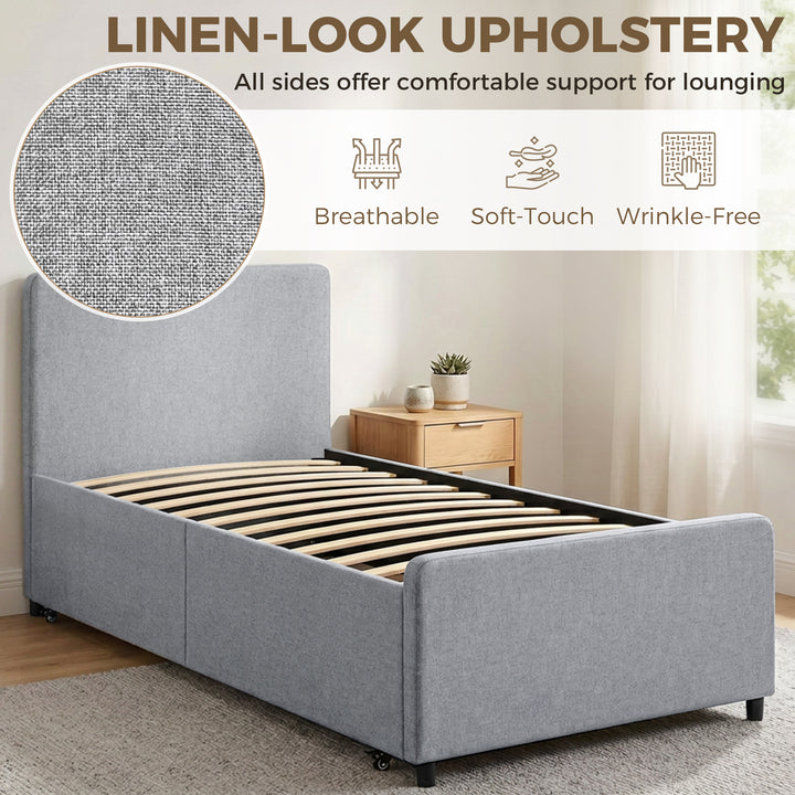 3ft Single Bed Frame with Trundle, Upholstered Pull Out Trundle Bed wi