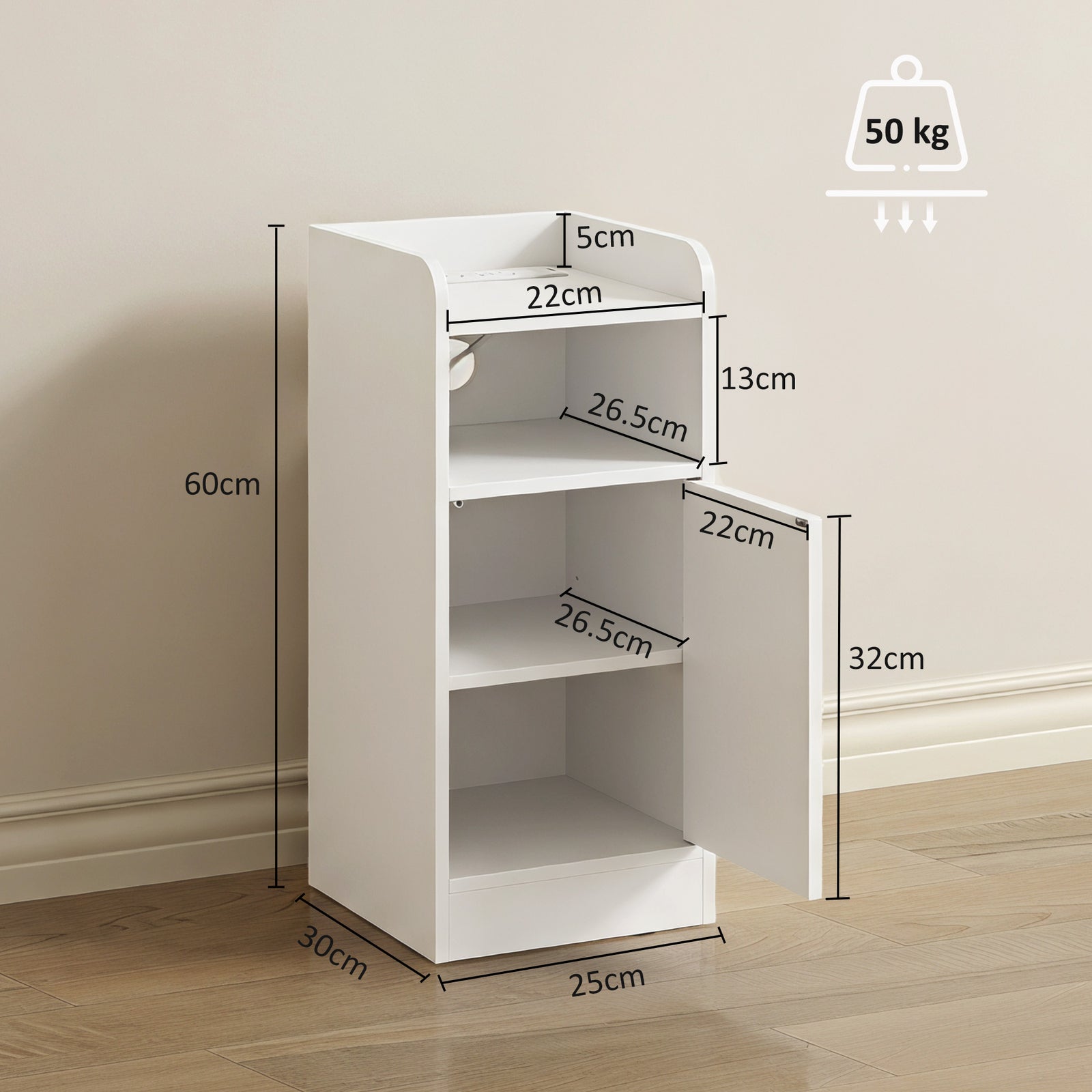 Slim Bedside Table Set of 2 with Charging Station, Narrow Bedside Cabi