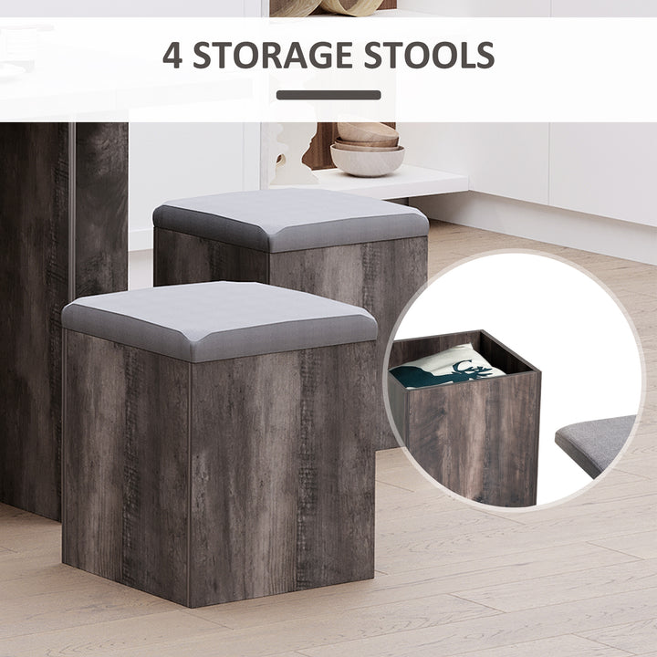 MCL 5PC Dining Set Garden Patio Wooden Set 4 Storage Stools Footrest Ottoman with Cushions + 1 Table Space Saving Design Indoor Outdoor