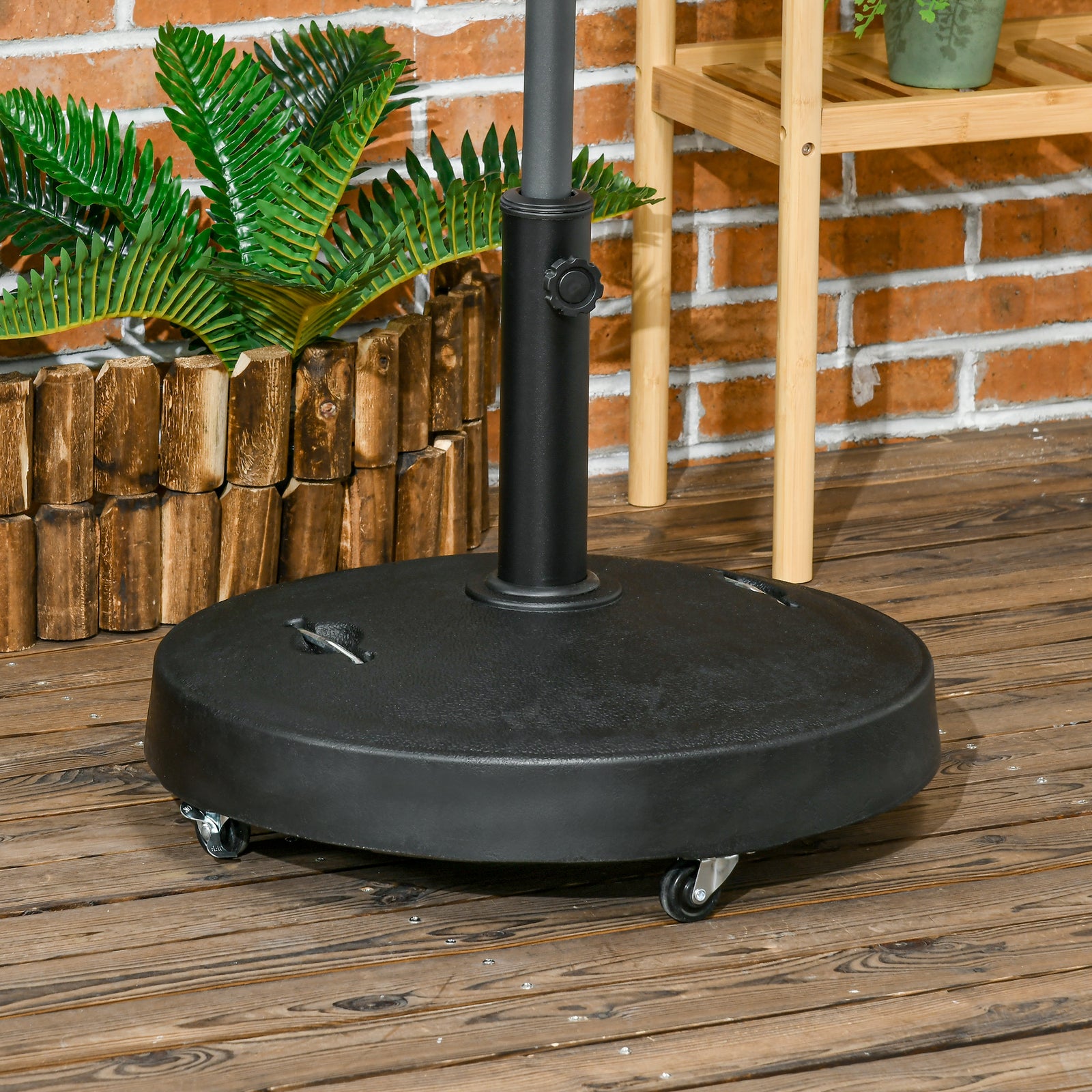 23.5kg Resin Garden Parasol Base with Wheels and Retractable Handles, Round Outdoor Market Umbrella Stand Weight for Poles of Φ38mm to Φ48mm, Black