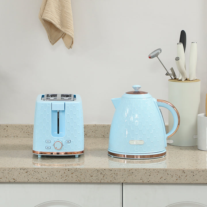 1.7L 3000W Fast Boil Kettle & 2 Slice Toaster Set, Kettle and Toaster Set with Auto Shut Off, Browning Controls, Light Blue