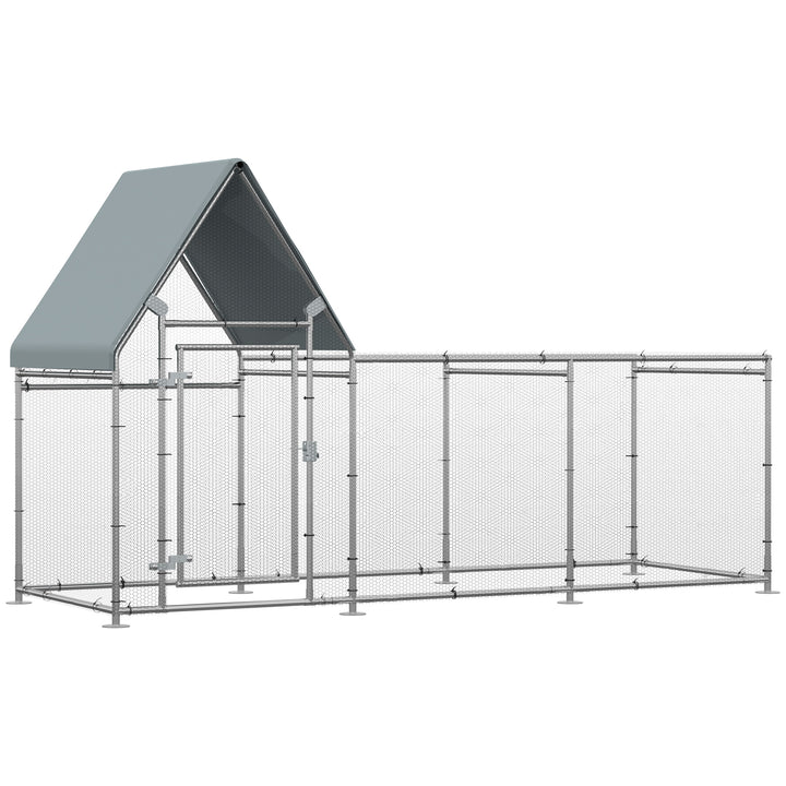 PawHut Walk In Chicken Run, Large Galvanized Chicken House, Hen Poultry House Cage, Outdoor Rabbit Hutch Metal Enclosure w/ Water-Resist Cover