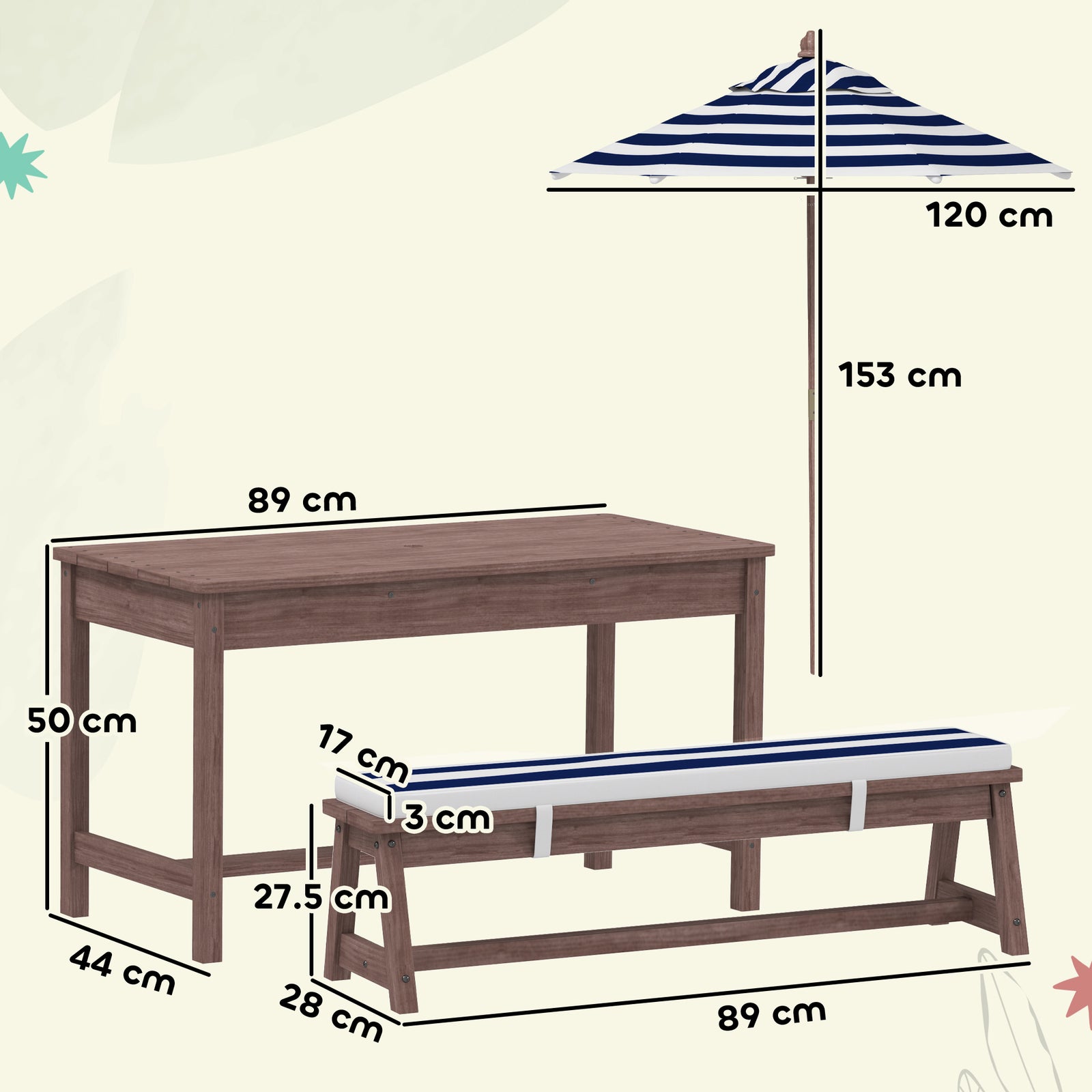 Outdoor Wooden Kids Picnic Table & Bench Set with Cushions and Umbrell