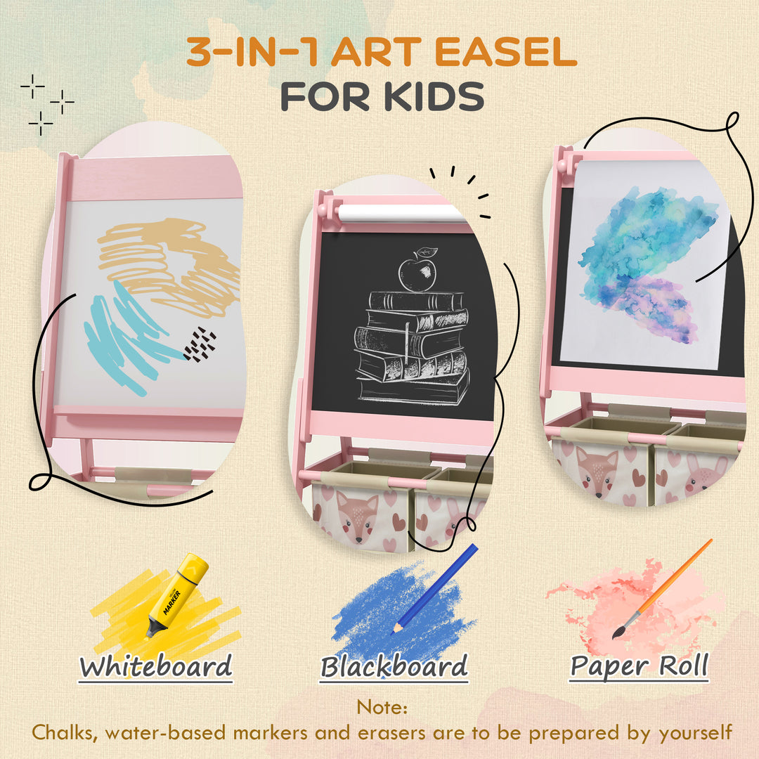 AIYAPLAY Three-In-One Kids Easel with Paper Roll, Art Easel, with Storage - Pink | Aosom UK