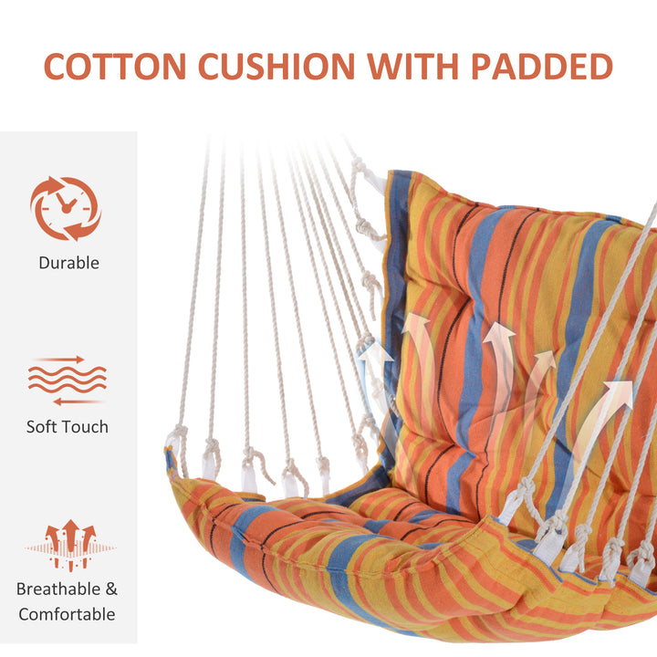 Outdoor Hanging Rope Chair with Soft Padded Seat & Backrest, Garden Hammock Chair with Wooden Support Bar Cotton Cloth, Portable Garden Chair for Patio & Tree, Orange