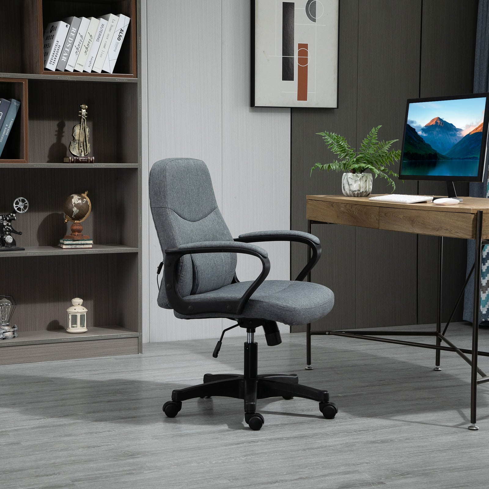 Office Chair, Fabric Desk Chair Mid Back Work Study Chair with Massage Lumbar Support, Adjustable Height and Swivel Wheels, Grey