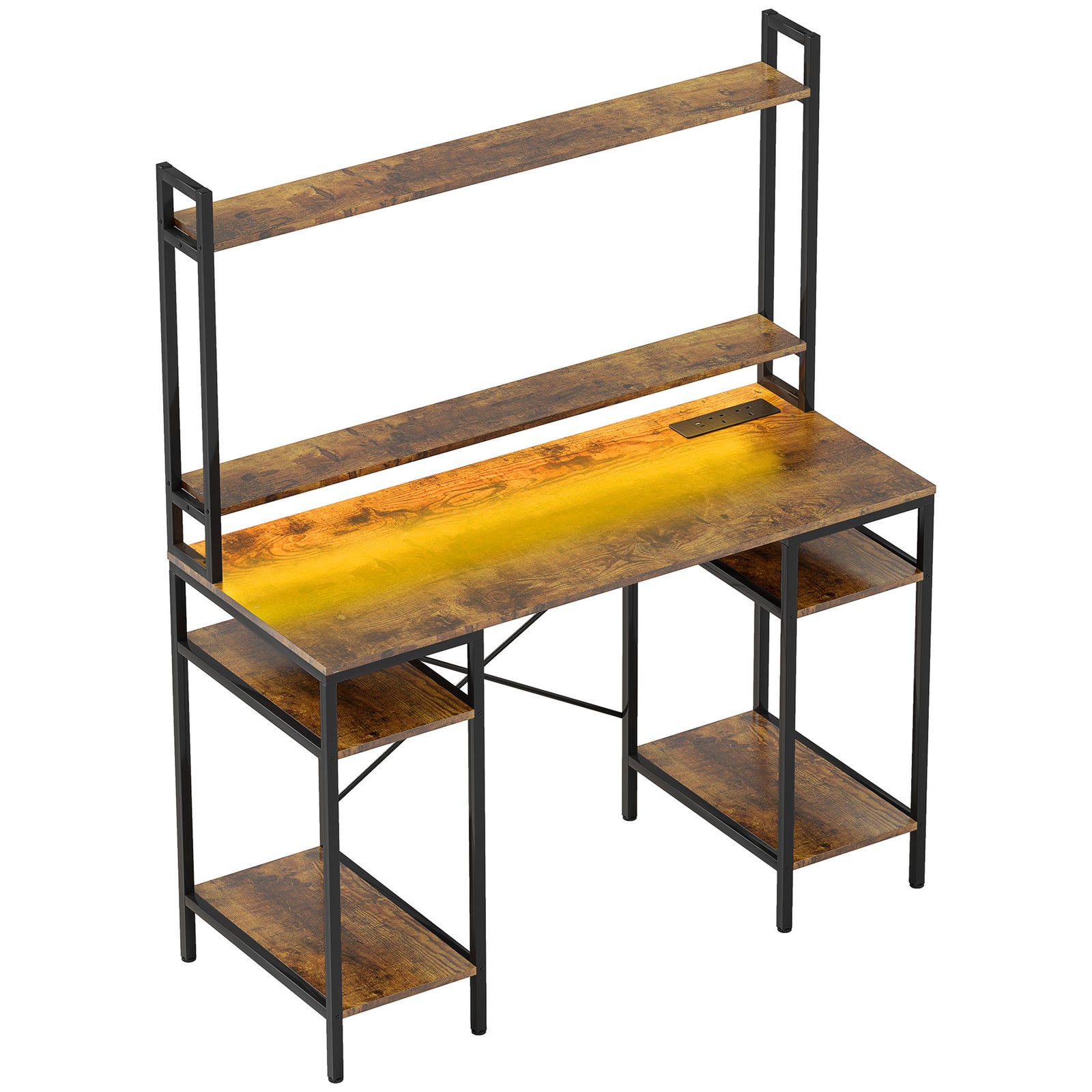 Computer Desk with Power Outlets and LED Lights, Home Office Desk with Monitor Stand, 2 CPU Stands and Storage Shelves, Study Table Gaming Desk with Hutch, Rustic Brown