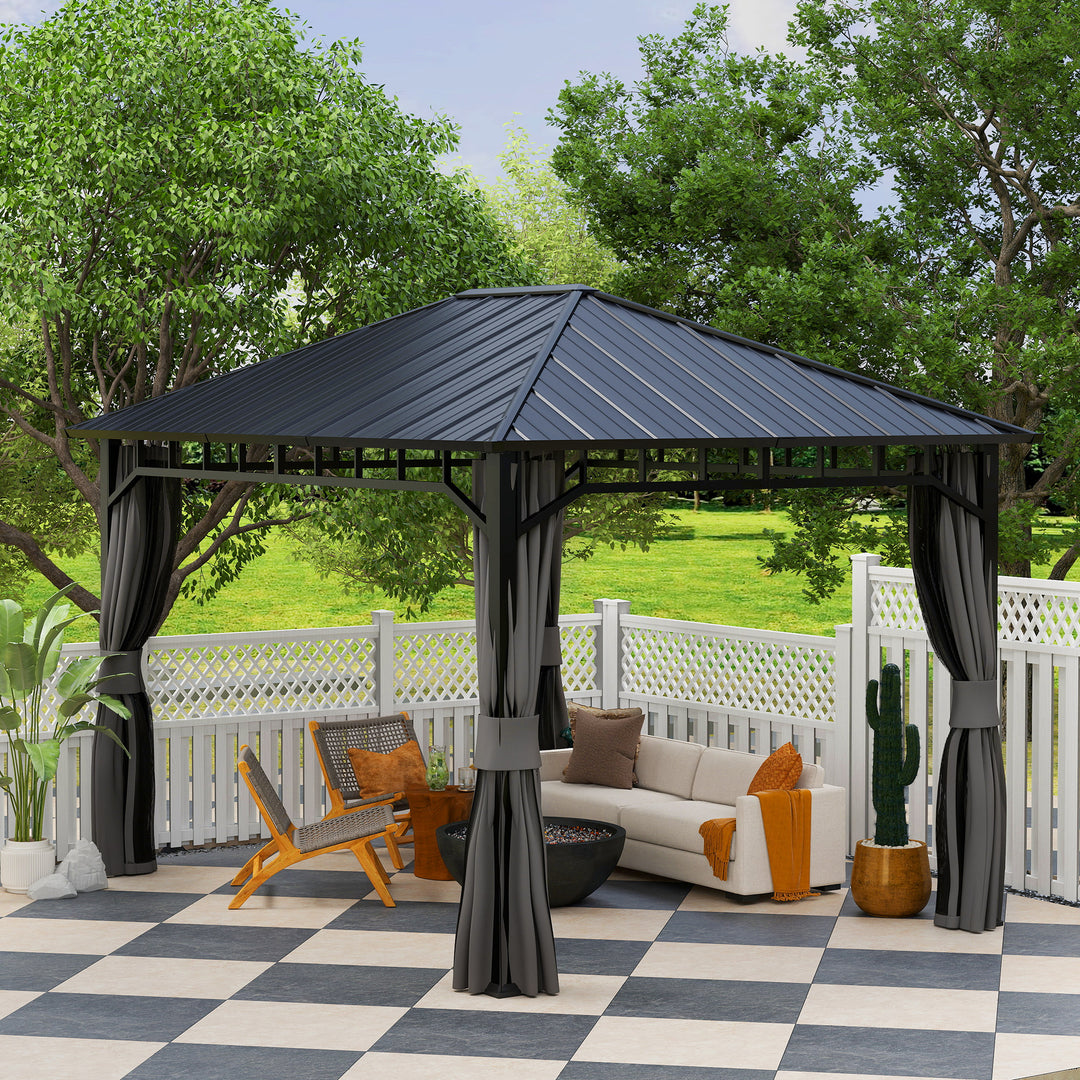3 x 4m Hardtop Gazebo with Galvanised Steel Roof and Water Gutter, Waterproof Permanent Pavilion Garden Gazebo with Netting and Curtains for Patio, Deck