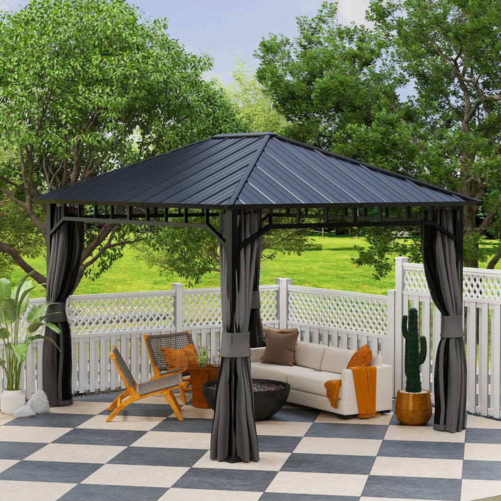 3 x 4m Hardtop Gazebo with Galvanised Steel Roof and Water Gutter, Waterproof Permanent Pavilion Garden Gazebo with Netting and Curtains for Patio, Deck