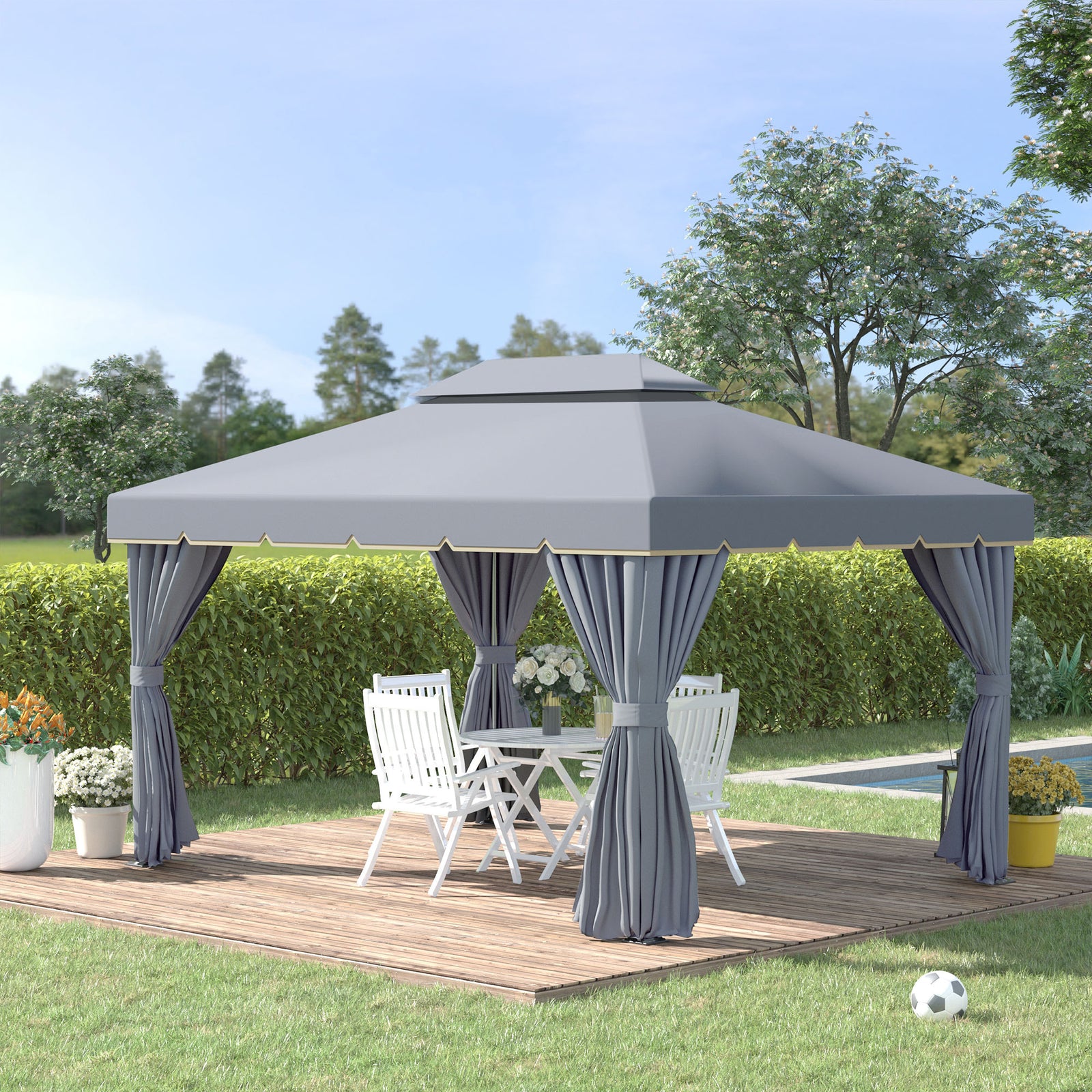 3 x 4m Aluminium Garden Gazebo, Marquee Canopy Shelter Pavilion Party Tent with Nets and Curtains for Garden and Deck, Grey