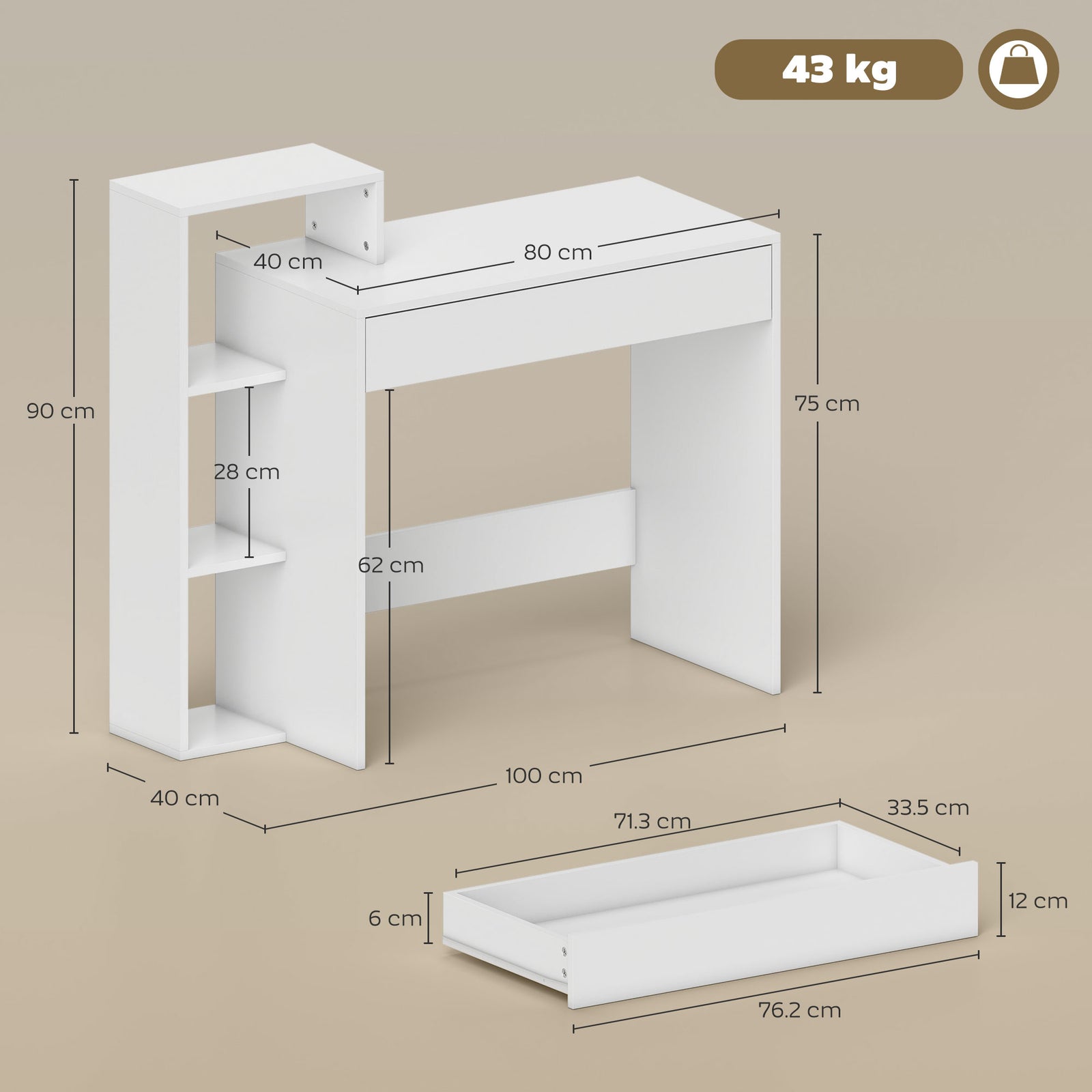 Desk with Storage, Computer Desk with 3 Open Shelves and Drawer, Works