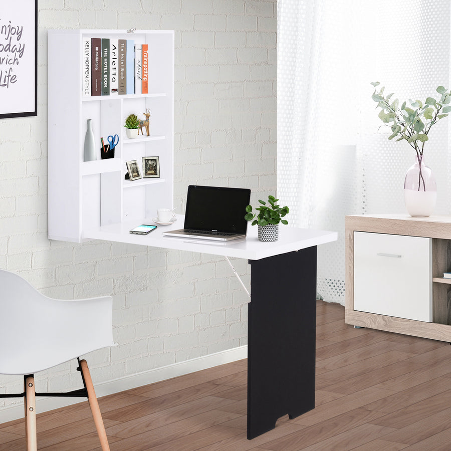 Folding Wall-Mounted Drop-Leaf Table, Convertible Wall Table With Chalkboard and Storage Shelf, Multifunctional Floating Desk for Home Office, White