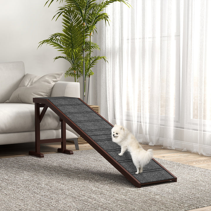 PawHut Pet Ramp for Dogs Non-slip Carpet Top Platform Pine Wood 188 x 40.5 x 63.5, Brown, Grey | Aosom UK