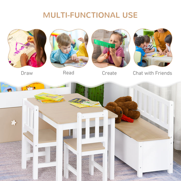 4-Piece Kids Table and Chair Set with 2 Wooden Chairs, 1 Storage Bench, and Interesting Modern Design, Beige/White