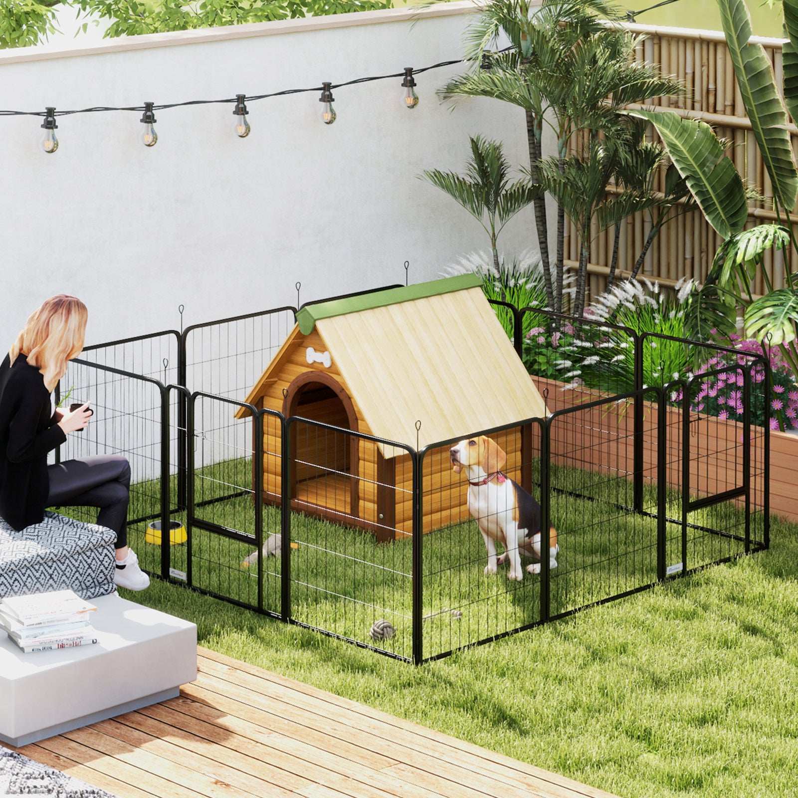 12-Panel Solid Dog Playpen with Doors, for Medium Dogs, 80cm High, Black