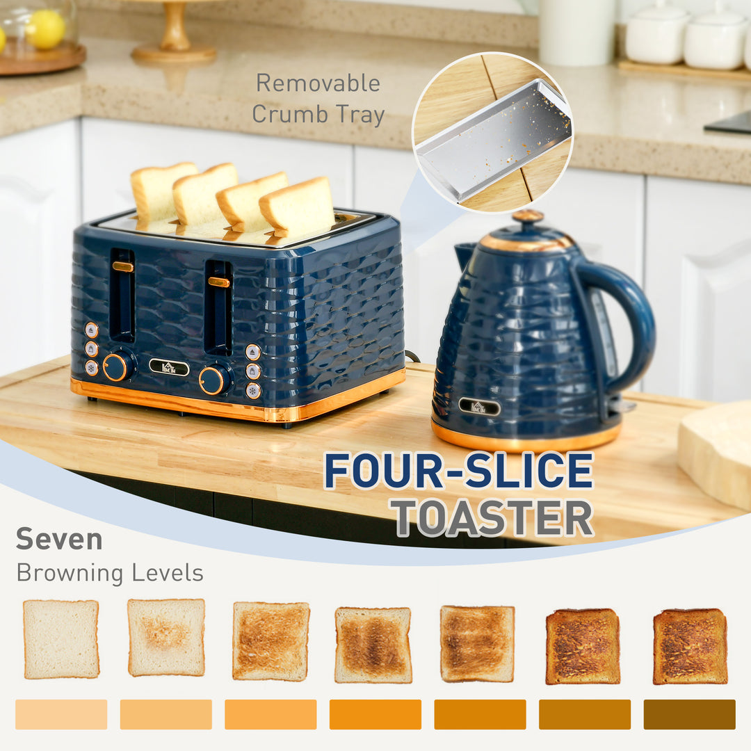 3000W 1.7L Rapid Boil Kettle & 4 Slice Toaster, Kettle and Toaster Set with 7 Browning Controls and Crumb Tray, Blue