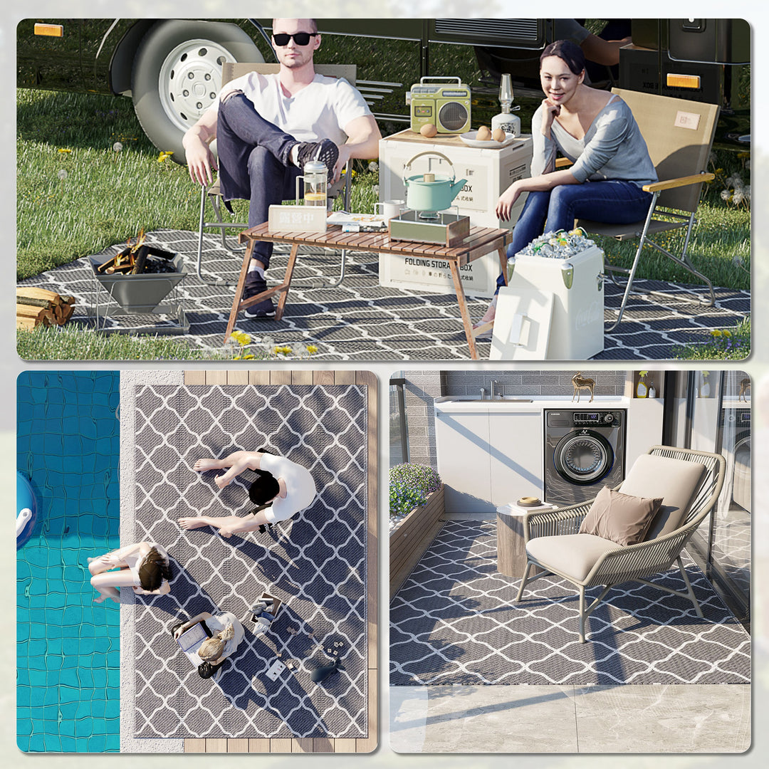 Outsunny Reversible Outdoor Rug with Carry Bag and Ground Stakes, Waterproof Plastic Straw Mat for Backyard, Deck, RV, Picnic, Camping Grey & White