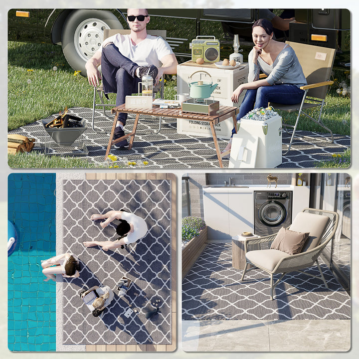 Outsunny Reversible Outdoor Rug with Carry Bag and Ground Stakes, Waterproof Plastic Straw Mat for Backyard, Deck, RV, Picnic, Camping Grey & White