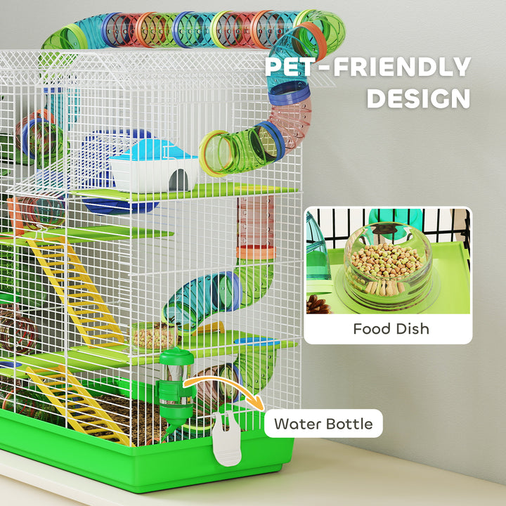 5 Tier Hamster Cage Carrier Habitat with Exercise Wheels Tunnel Tube Water Bottle Dishes House Ladder for Dwarf Mice, Green