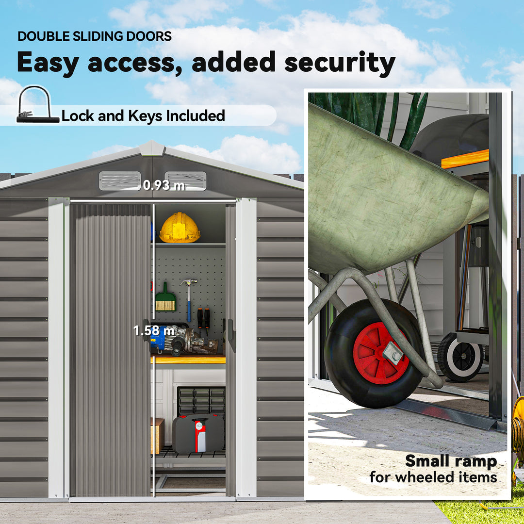 7 x 4ft Garden Shed, Easy to Assemble, Upgraded Galvanised Steel Frame with Foundation Kit, Double Doors with Lock, Outdoor Metal Shed with Vents and Gloves, Garden Storage Shed, Light Grey