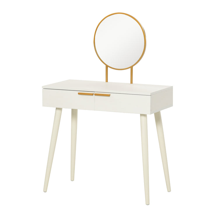 HOMCOM Modern Dressing Table with Round Mirror, Makeup Vanity Table with 2 Drawers for Bedroom, Living Room, White | Aosom UK